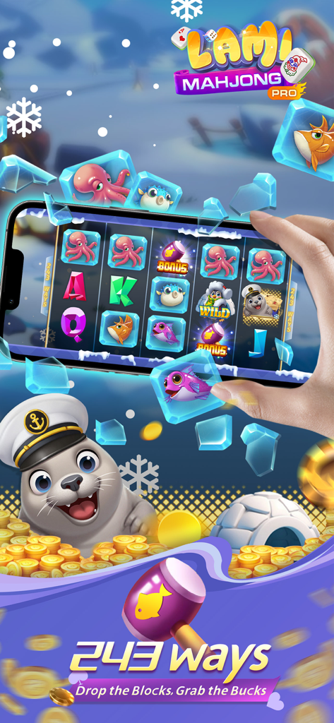 Lami Mahjong Pro mobile app screenshot showing an arctic themed slot machine with a seal captain and 243 ways to win