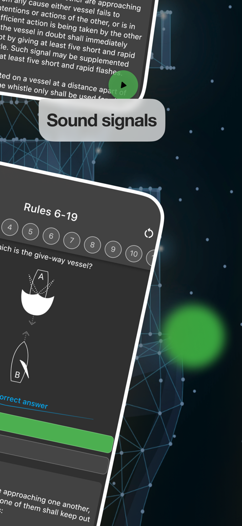 The COLREG 72 app displaying maritime sound signals and a navigation rule quiz.