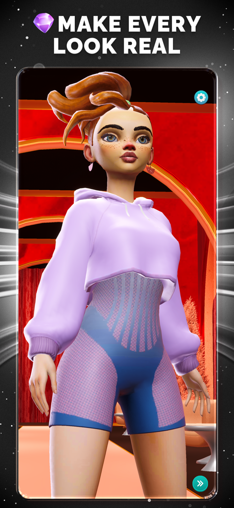 Fashion League: Runway Battles - Un personaggio 3D realistico che indossa una felpa lilla cropped e una tuta a fantasia in Fashion League Runway Battles