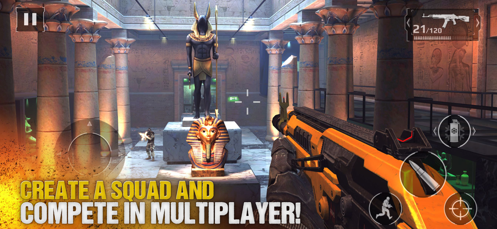Jugabilidad multijugador de shooter en primera persona de Modern Combat 5 en un templo egipcio