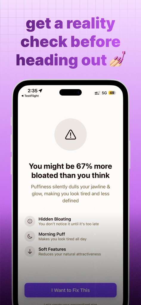 Depuff AI app screen displaying facial bloating analysis results and tips for jawline definition.