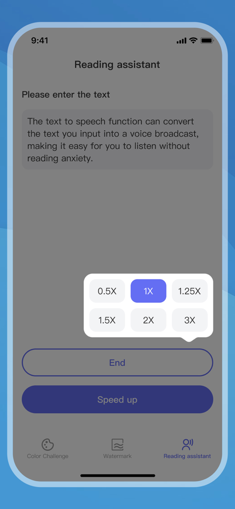 Der Bildschirm des Leseassistenten der MomentKeeper-App, der Einstellungen für die Wiedergabegeschwindigkeit von Text-to-Speech von 0,5x bis 3x anzeigt.