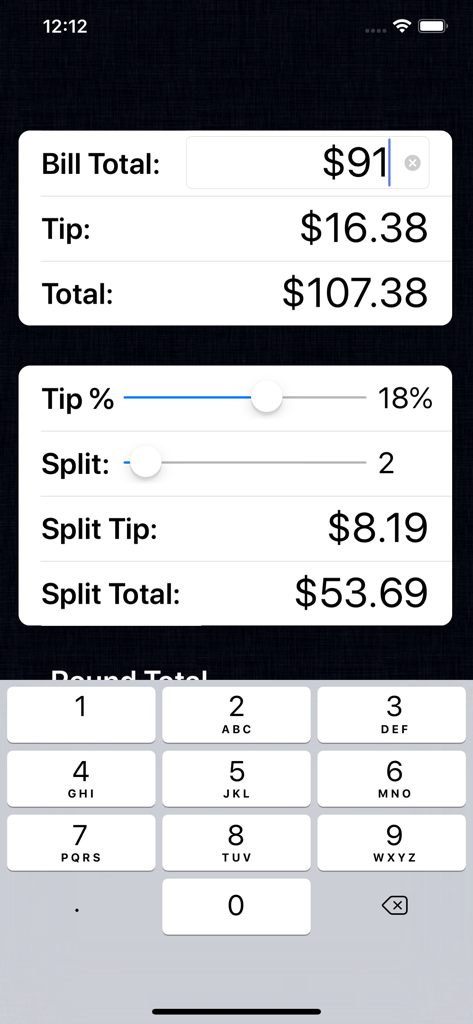 Smartphone interface of the Tip Calculator Gold app displaying a bill total tip percentage and split calculations
