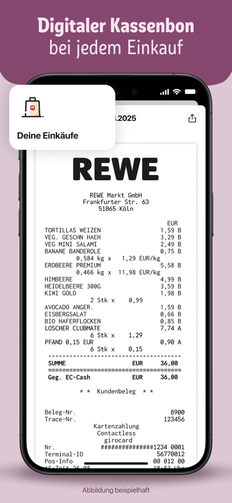 A smartphone screen displaying a digital receipt in the REWE app showing a list of groceries and the total price