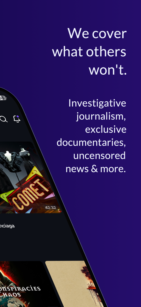 UNIFYD TV - UNIFYD TV app promotional screen featuring investigative journalism and exclusive uncensored documentaries