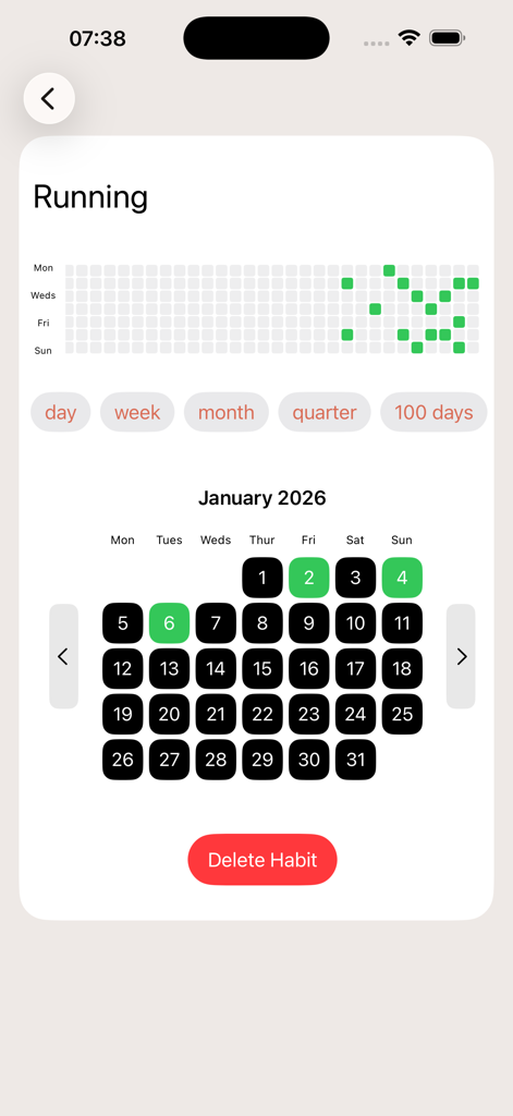 Running habit progress view with a monthly calendar and activity heatmap.