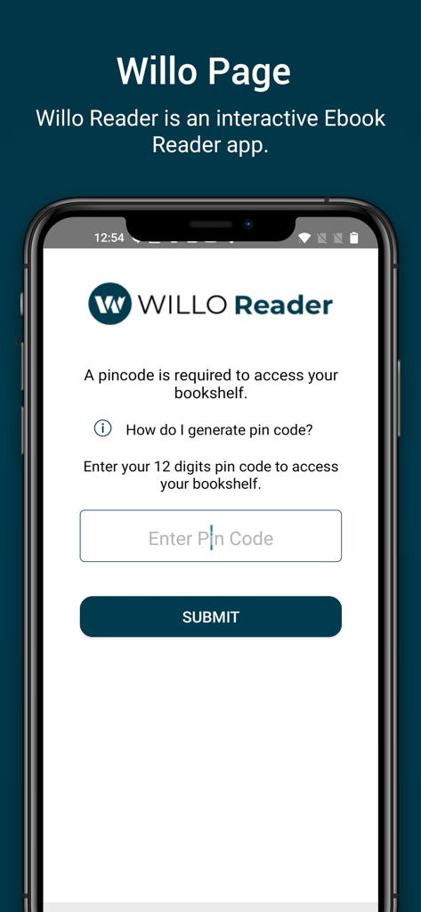 Willo Labs Mobile Reader - Willo Reader mobile app screen showing a login interface requiring a 12 digit pincode to access an academic digital bookshelf