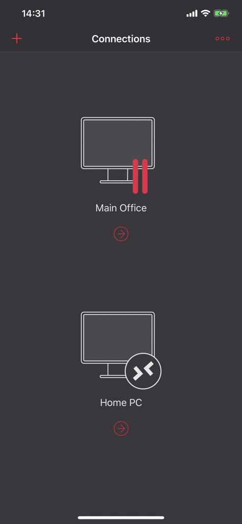 Parallels Client app connections screen showing Main Office and Home PC remote desktop options