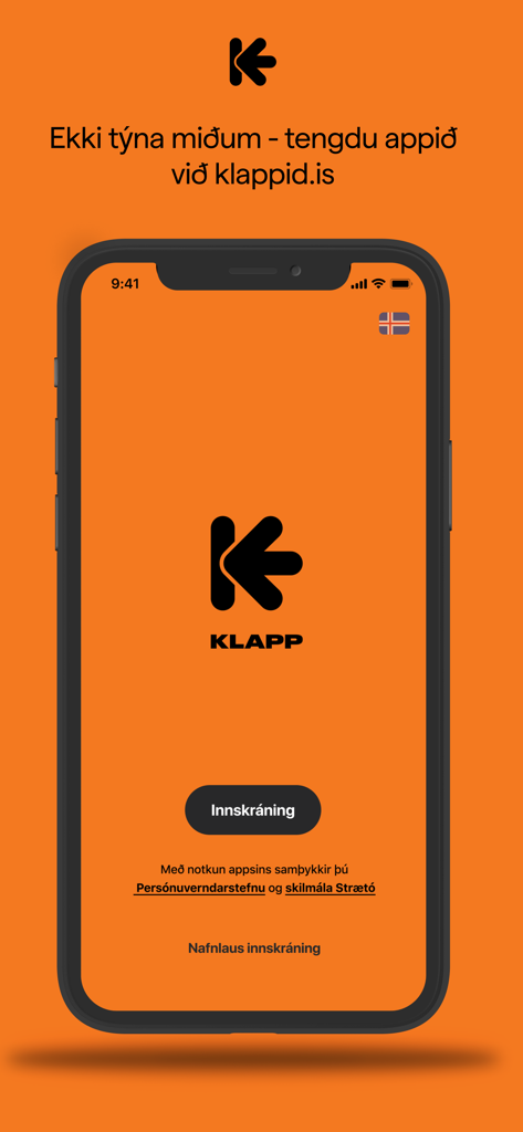 Login screen of the Klappið public transportation app