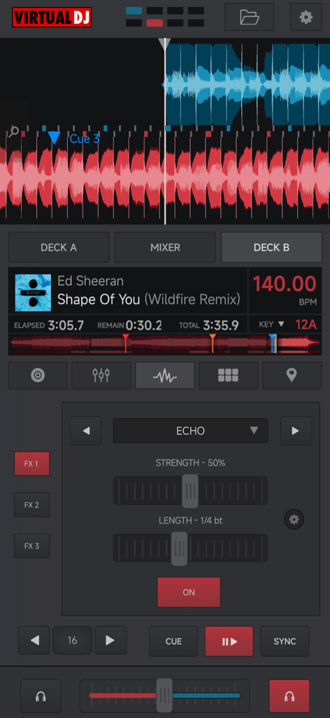 VirtualDJ Remote - VirtualDJ Remote mobile app interface showing song details waveforms and echo effect controls
