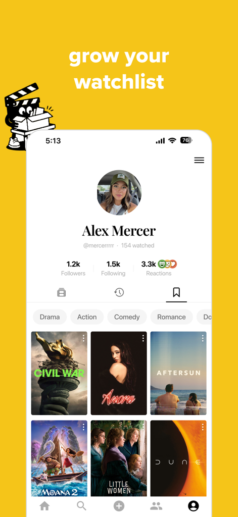 Flick: Rate Movies & Shows - A user profile on the Flick app showing a watchlist with posters of movies like Civil War, Anora, and Aftersun.