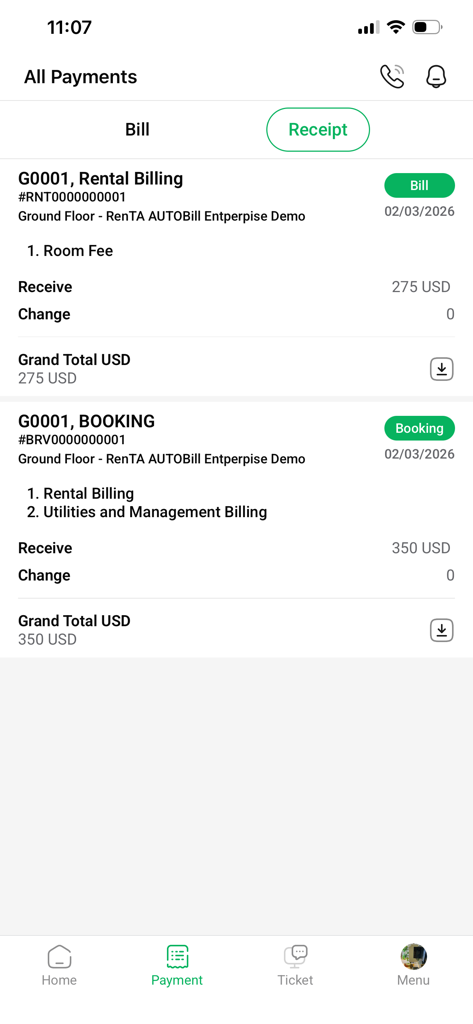 RenTA PORTAL - RenTA PORTAL mobile app screen showing a list of rental bills and payment receipts including room fees and utility charges
