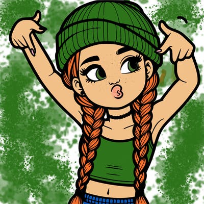realistic teenage girl with braids and a beanie and crop top doing 🫶🏼