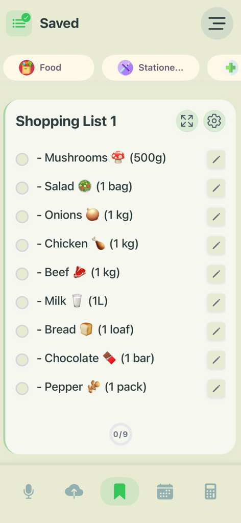 Interface of a saved digital shopping list showing various grocery items like meat and vegetables with quantities.