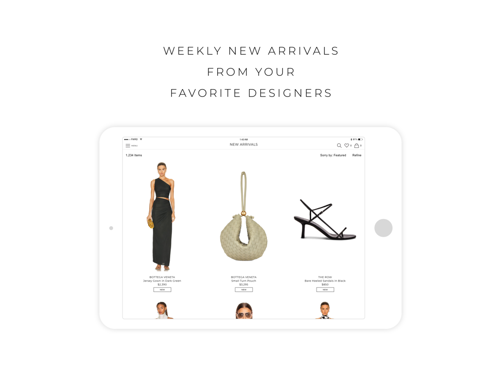 FWRD for iPad - FWRD iPad app displaying curated new arrivals from luxury designers