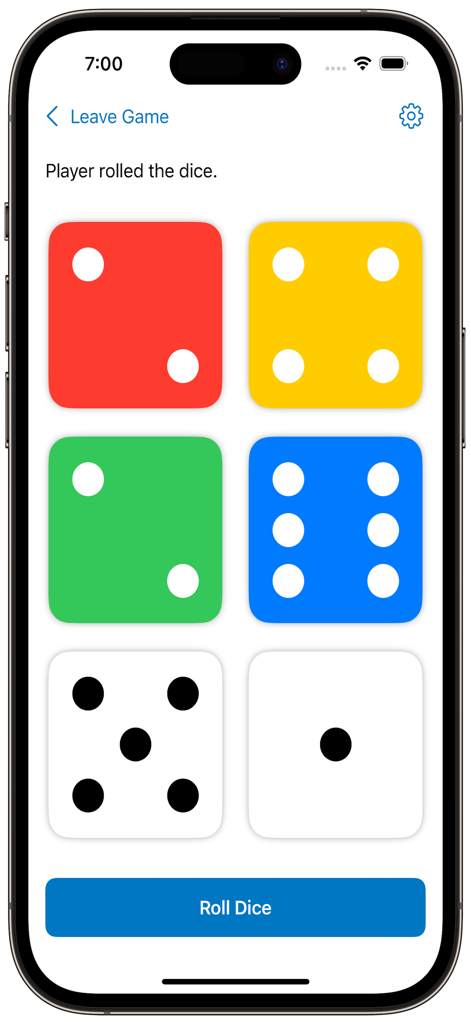 Qwik Dice - The Qwik Dice app interface showing six colorful dice and a roll button on a smartphone screen.