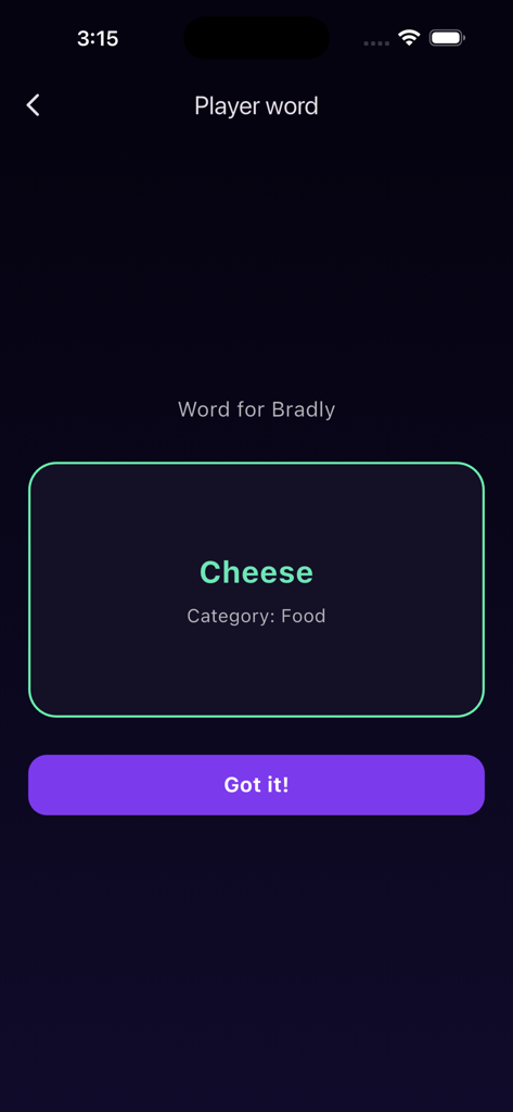 Una schermata del gioco di società The Imposter che mostra la parola segreta Formaggio per un giocatore di nome Bradly