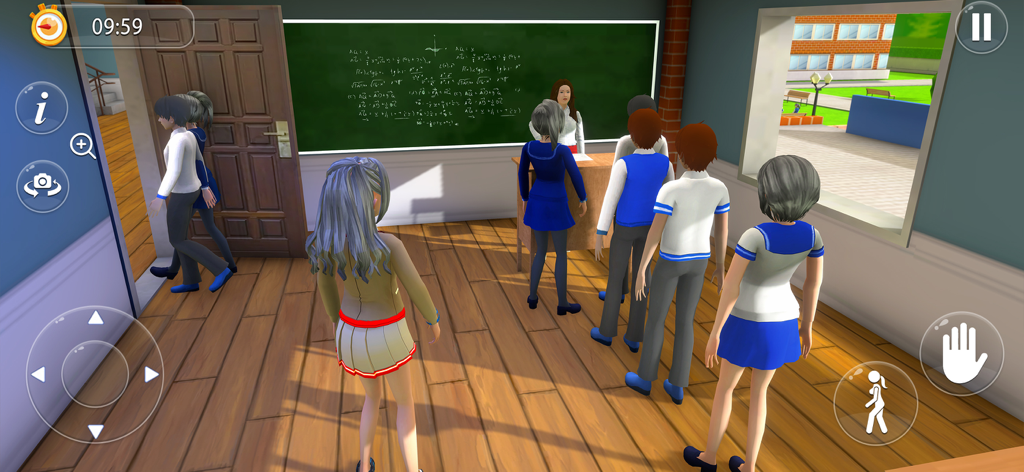 애니메이션 학교 시뮬레이터 게임에서 칠판 앞에 선생님이 있는 교실의 학생들