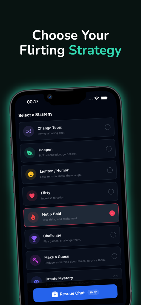 Rizz Dating AI-Flirt Coach - Mobile screen showing various flirting strategy options like Hot and Bold in the Rizz Dating AI app