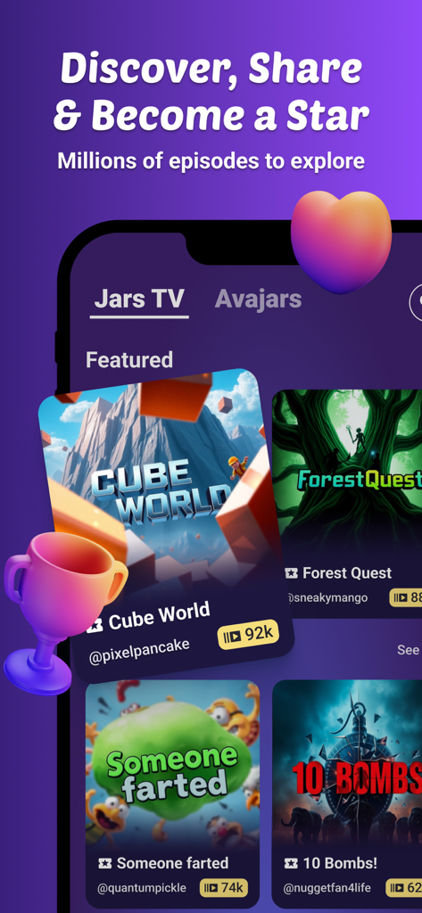 Interfaz de la aplicación Jars AI que muestra un feed de programas generados por usuarios y contenido episódico.