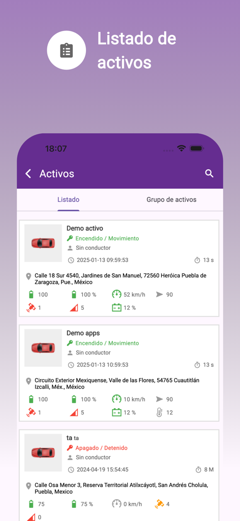 SECURETECH GPS tracking dashboard showing a list of monitored vehicles and their real-time status