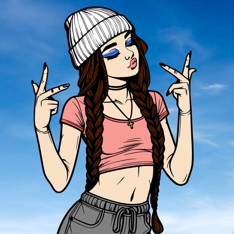 realistic teenage girl with braids and a beanie and crop top doing 🫶🏼