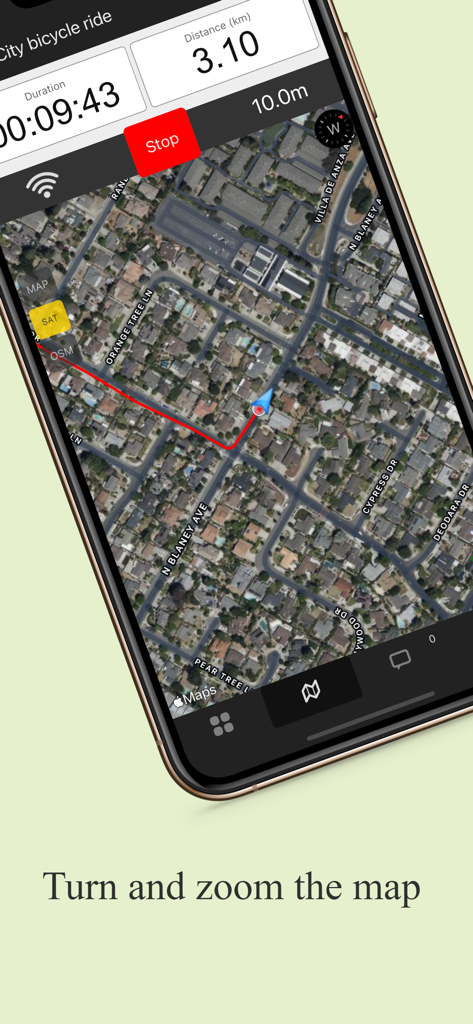 LocaToWeb Realtime GPS tracker - Interfaz de la aplicación LocaToWeb que muestra una ruta de ciclismo en tiempo real en un mapa satelital con estadísticas de distancia y duración.