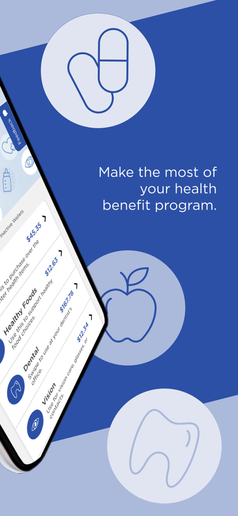 OTC Network app showing balances for healthy food dental and vision benefits