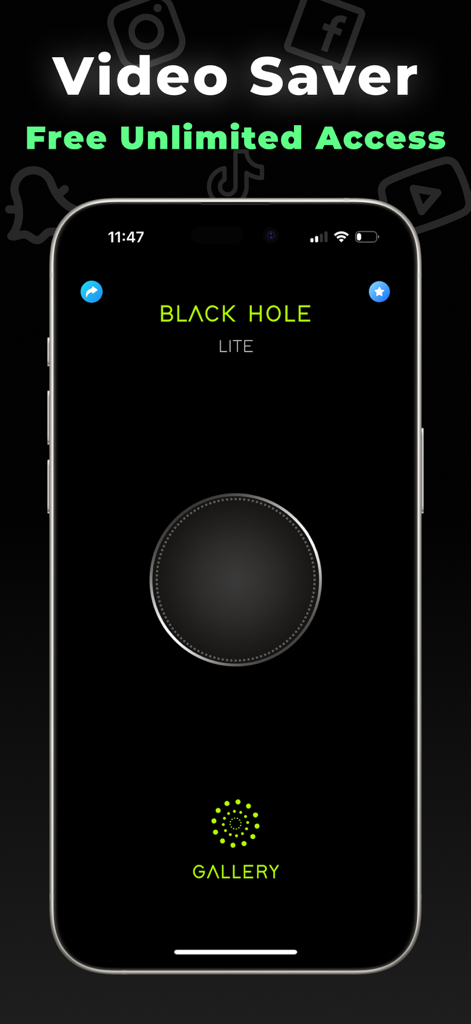 Blackhole Lite - Black Hole - Blackhole Lite app interface showing a minimalist black home screen with a large central button and gallery access for video splitting