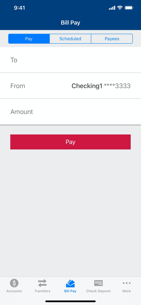 CBTx Mobile Banking - CBTx mobile banking app bill pay interface showing payment fields and account selection