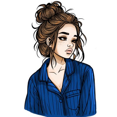 realistic woman with pajamas on and a messy bun