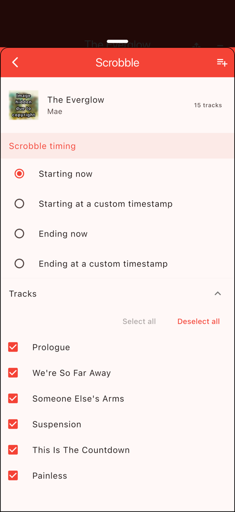 Finale for Last.fm - Manual scrobble interface in Finale for Last.fm showing timing selection and track list for the album The Everglow