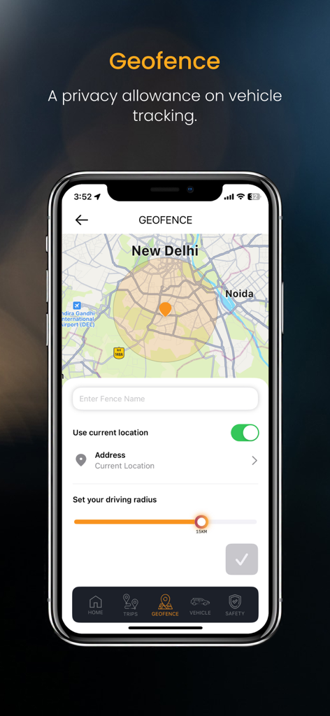 Carot - Upgrade to a Smart Car - Carot app interface showing geofence settings on a map with a driving radius slider.