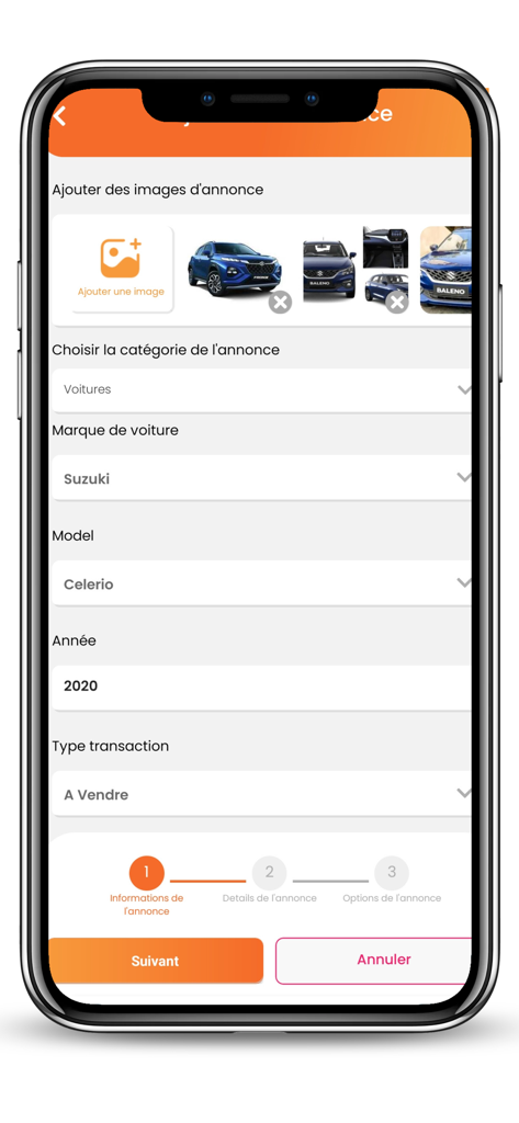 Captura de tela do aplicativo Cava.tn mostrando o formulário para adicionar um carro para venda na Tunísia