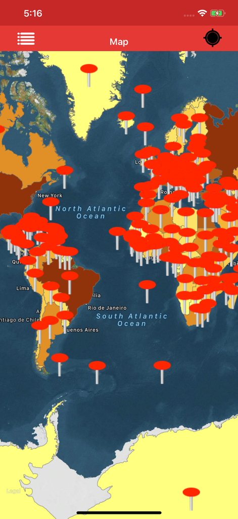 Kml Viewer-Kml Converter app - Interfaccia della mappa del mondo che mostra diversi marcatori di posizione rossi nell'app Kml Viewer