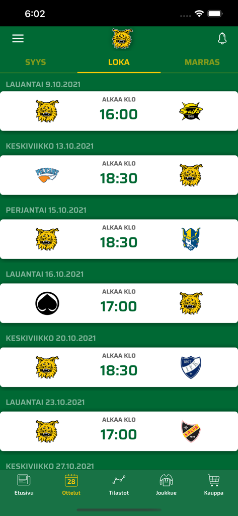 Tampereen Ilves - Aplicativo móvel Tampereen Ilves exibindo a programação de jogos de outubro com logotipos das equipes e horários de início das partidas