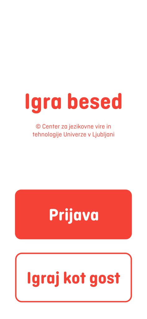 Igra besed - Igra besed mobile app start screen with login and play as guest buttons