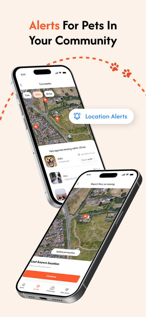 Two iPhones displaying the Crumb app community map with missing pet alerts and a screen to report a last known location.
