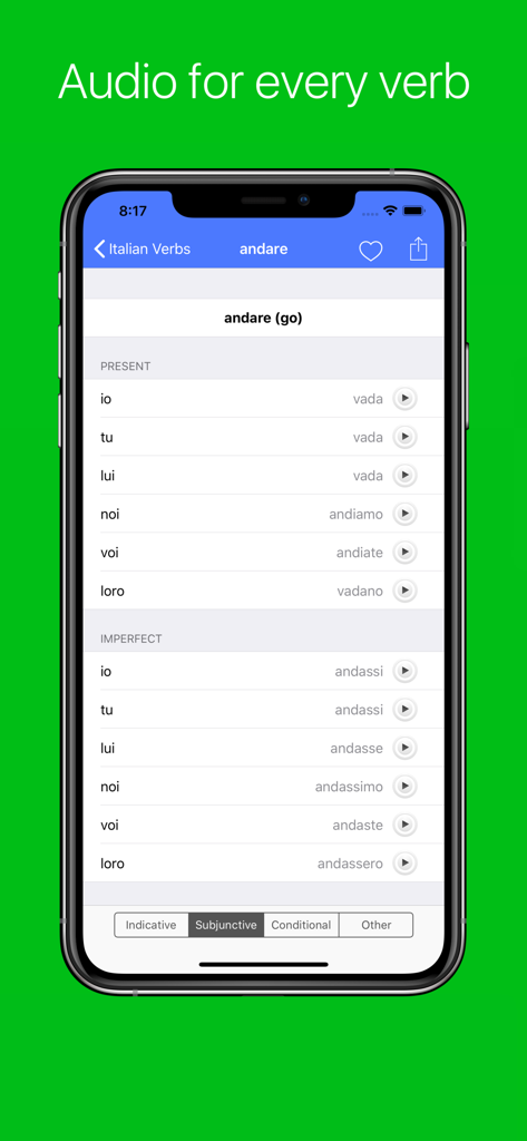 Italian Verb Conjugator - Italian Verb Conjugator app showing audio pronunciation buttons for the verb andare in subjunctive mood