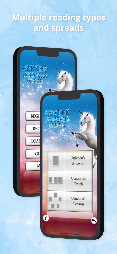 Ask the Unicorns Oracle Cards - Two iPhones displaying the Ask the Unicorns Oracle Cards app menu and various reading spread options like Unicorn Answer and Unicorn Truth