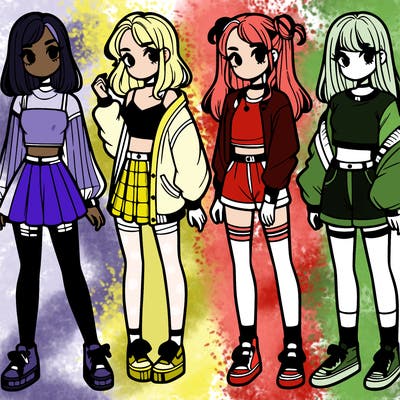 one girl with crop-top shirt and a jacket with a skirt, long socks and another girl with a shirt and pants with a jacket