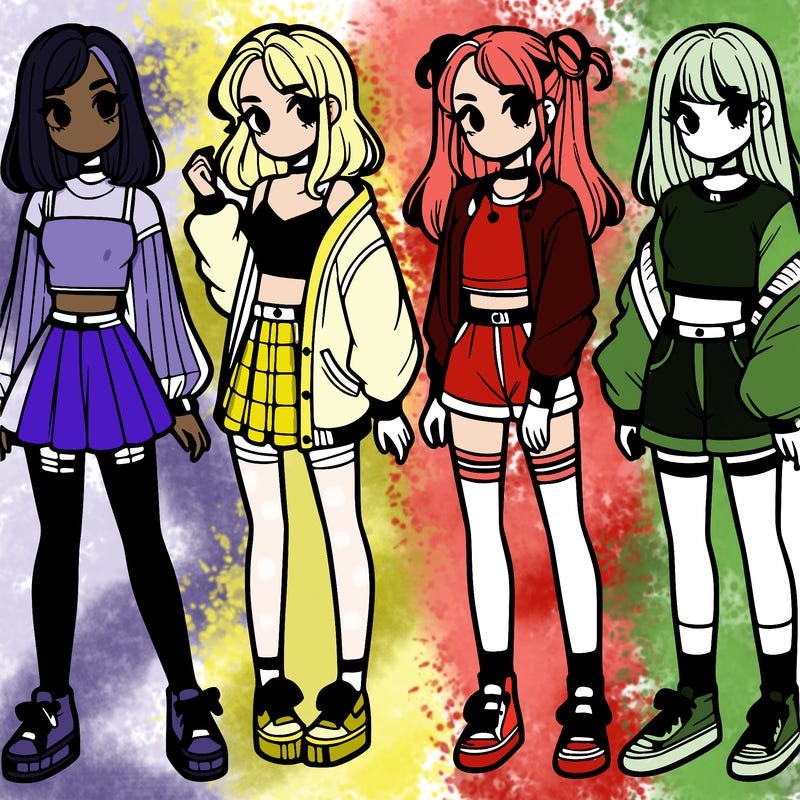 one girl with crop-top shirt and a jacket with a skirt, long socks and another girl with a shirt and pants with a jacket