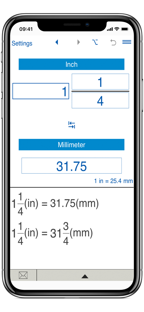 Inches to mm converter mobile app interface showing a fraction conversion of 1 and 1/4 inches to 31.75 millimeters