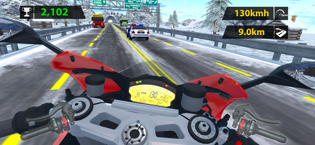 Bike Rider Infinity - Vista en primera persona de una motocicleta roja compitiendo a través del tráfico en una autopista nevada