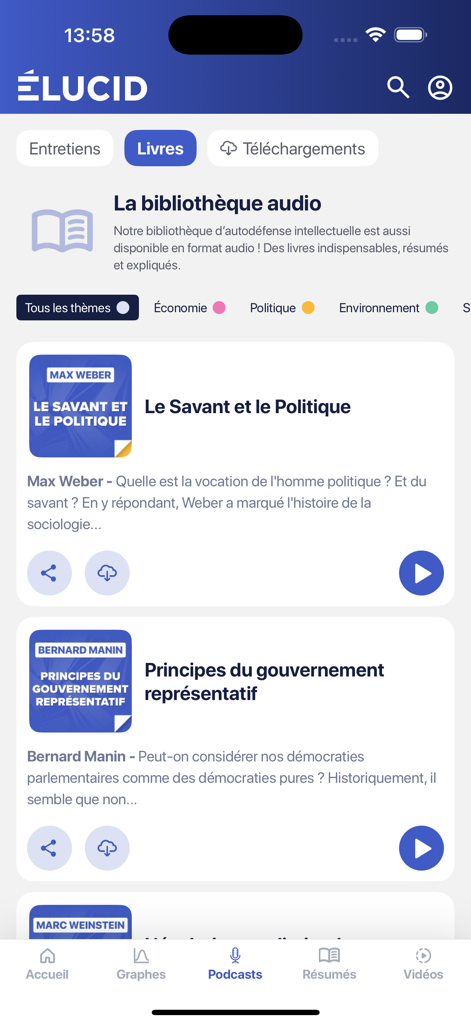 Interface de l'application Elucid présentant une bibliothèque audio de résumés de livres sur des thèmes politiques et sociaux.