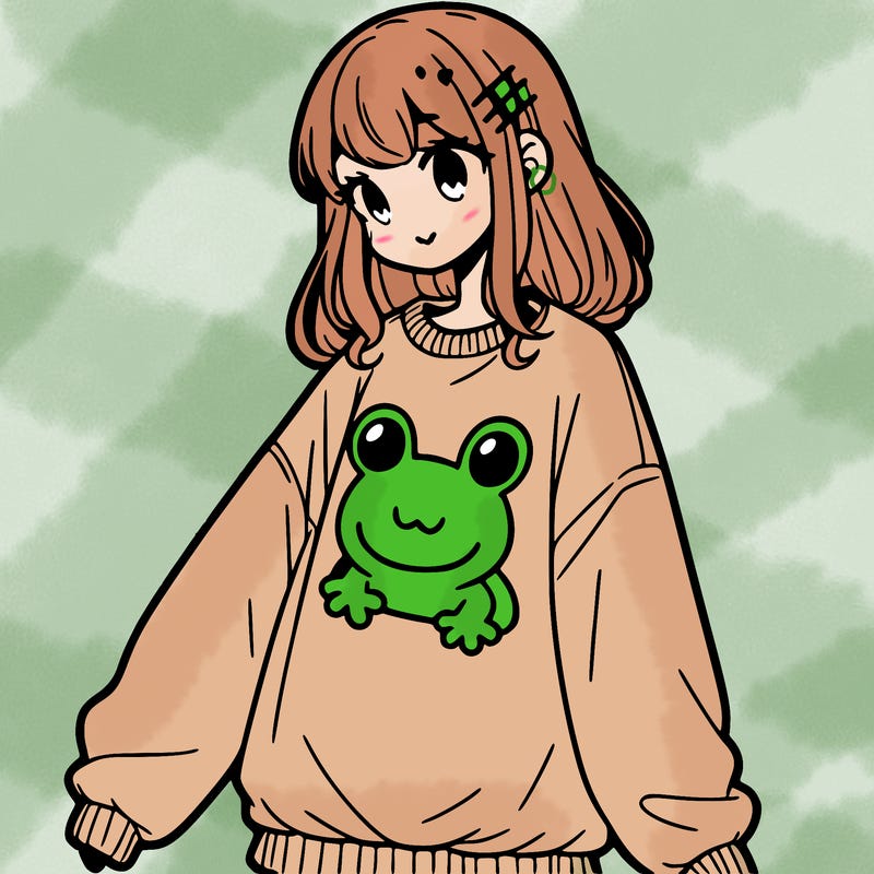 girl wearing frogging sweatshirt