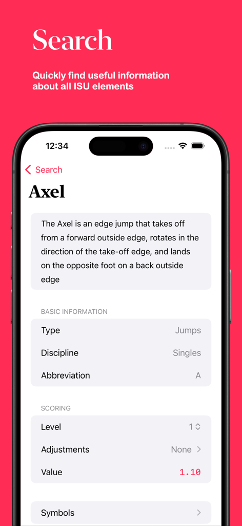 Skates: Technical Specialist - A search results page for an Axel jump showing its technical description and base value