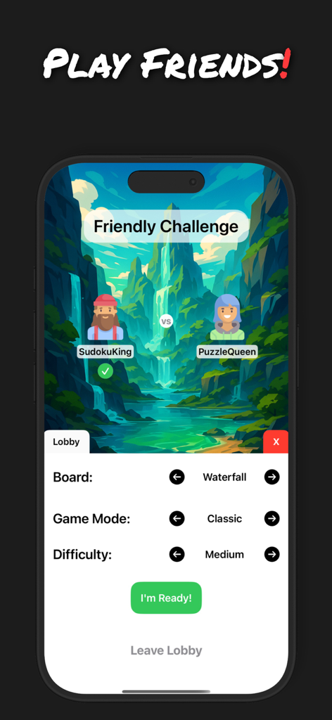 Sudoku Multiplayer Puzzles - Lobby di sfida amichevole in Sudoku Slash che mostra due giocatori pronti a competere in una modalità di gioco da tavolo a cascata.