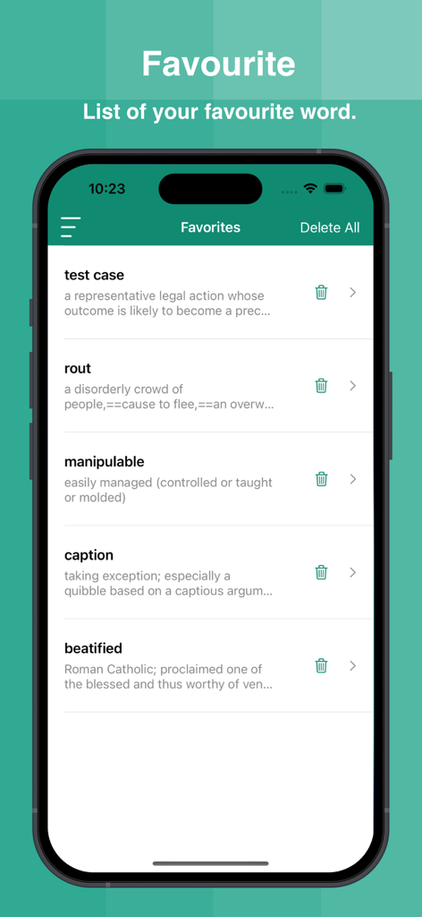Screenshot of the favorites screen in the English Dictionary Offline app displaying a list of saved vocabulary words and their definitions.