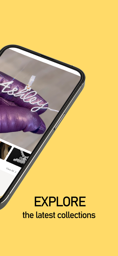 Gold Presidents - Gold Presidents mobile app screen displaying a custom diamond name necklace and jewelry collections